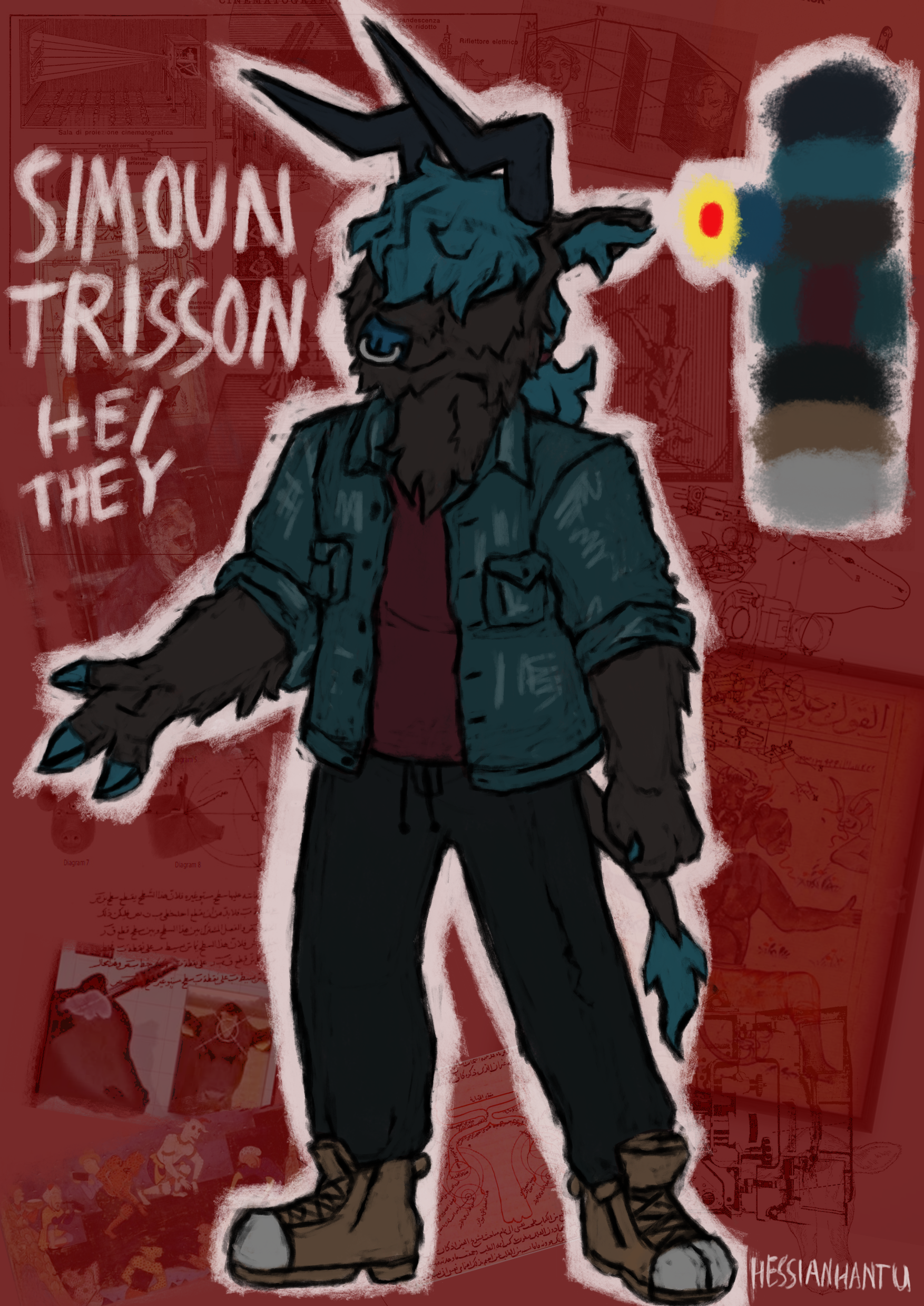 Simoun Trisson, He/They. My secondary fursona. A a blue grey highland cattle/indonesian water buffalo hybrid, dressed in a plain grey denim jacket.