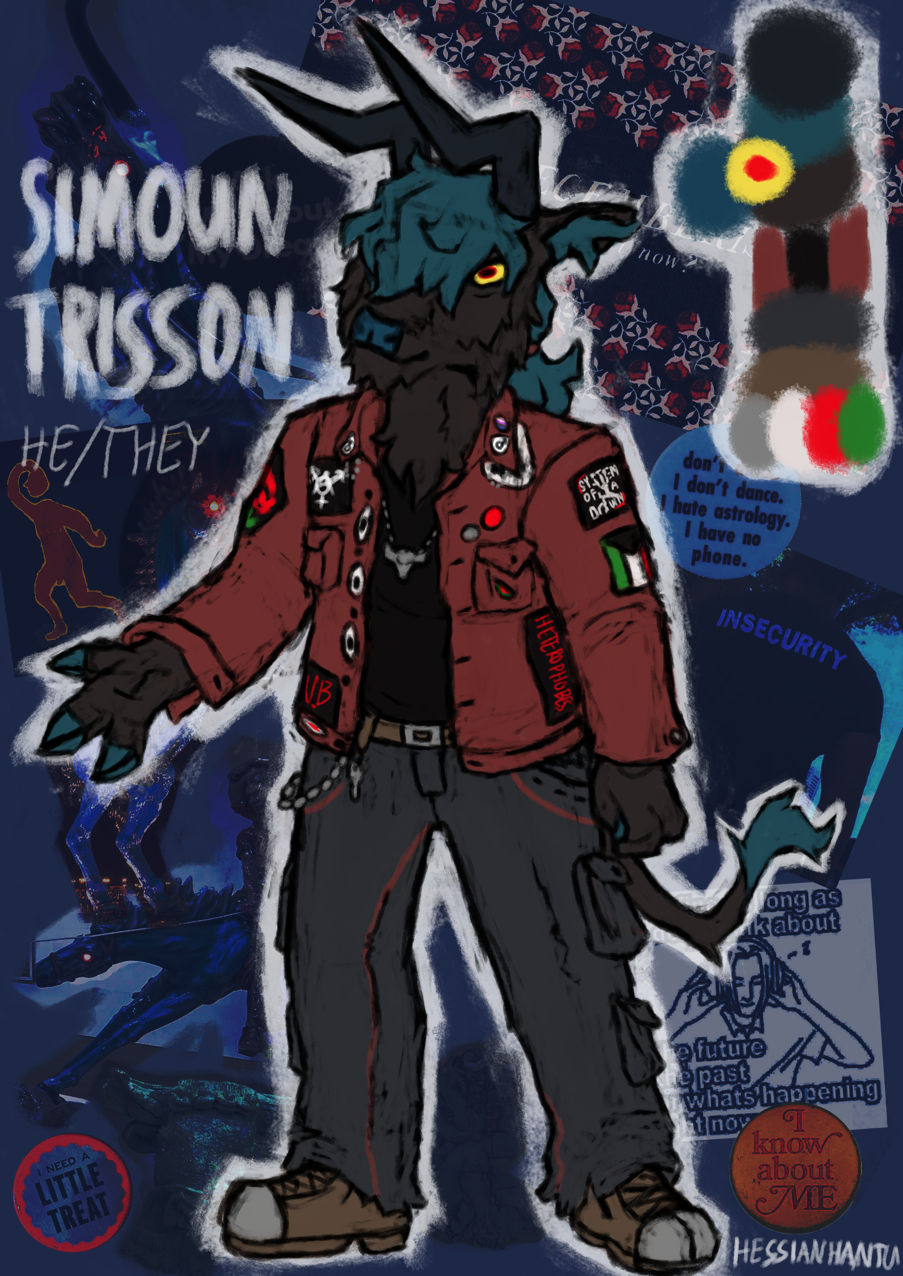 Simoun Trisson, He/They. My secondary fursona. A a blue grey highland cattle/indonesian water buffalo hybrid, dressed in a punk battle jacket.